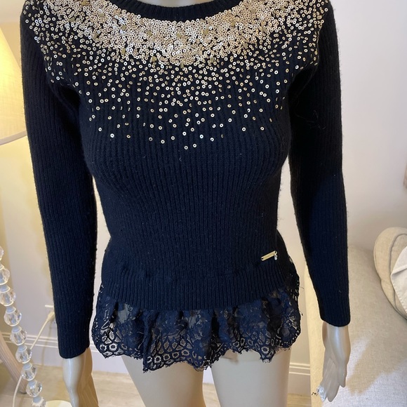 Guess, Black Sequined Sweater W/ Lace bottom Sz 10 - Picture 2 of 9